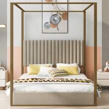 MERAX Queen Size Upholstery Canopy Platform Bed With Headboard And Metal Frame, Beige/Gray - Beige - View 2