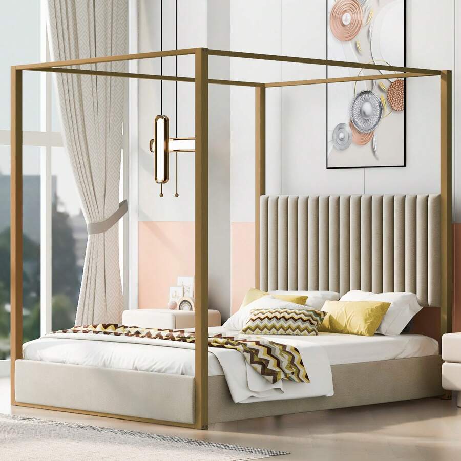 MERAX Queen Size Upholstery Canopy Platform Bed With Headboard And Metal Frame, Beige/Gray - Beige - View 1