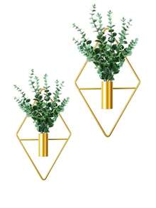 1pc Metal Flower Basket Wall Hanging & Artificial Flower Holder Home Wall Decor, Rhombus Shaped Wall Decoration For Living Room, Bedroom - Gold - View 9