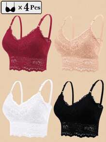 4 Stücke Damen Sexy Blumen Spitze Bhs Top Bequemer Bralette Unterwäsche Weiblich Ausgehöhlte Drahtlose Wäsche Nahtloser Bh - Verschiedenfarbig - Übersicht 2