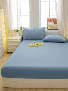 1pc Solid Color Brushed Fitted Sheet, Light Blue Bed Cover For Bedroom, Bedding