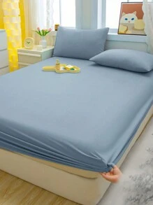 1pc Solid Color Brushed Fitted Sheet, Light Blue Bed Cover For Bedroom, Bedding