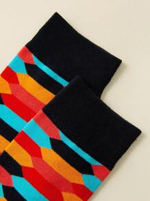 5 Pairs/Set Men's Plus Size Mid-Calf Socks, Geometric Pattern Business Casual Socks, Soft & Comfortable, Suitable For Business, Party, Sports, Holidays, Daily Life. Color Sent At Random, Fall