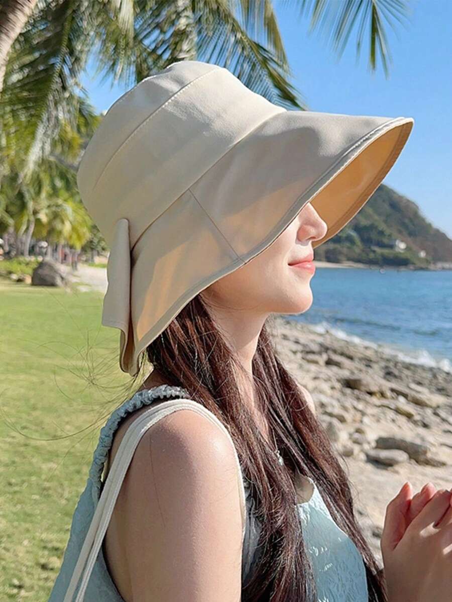 1頂女性時尚寬邊遮陽帽,蝴蝶結細節,適合夏季 - 米色 - 查看 1