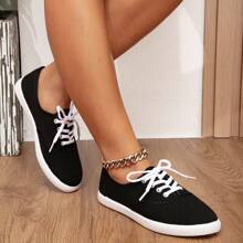 Women Canvas Flat Shoes, Round Toe Lace-Up Breathable Anti-Slip Shoes, Ladies Classic Canvas Low-Top Casual Shoes, Solid Color Shoes, Comfortable And Breathable Sneakers, Outdoor Shoes