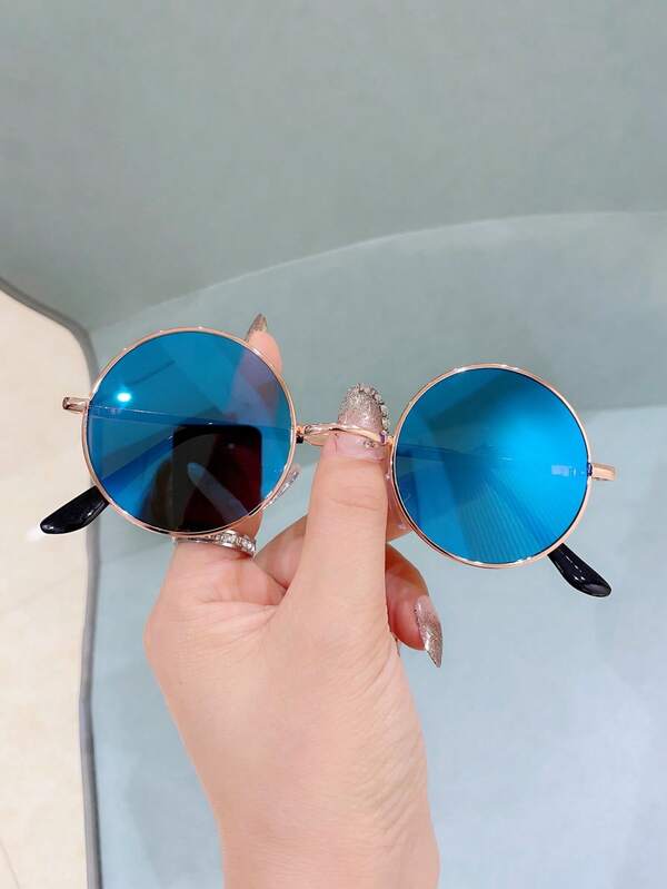 1pc Circular Fashionable Metal Frame Glasses, Suitable For Travel And Photography For Summer Beach Vacation,Outdoor,Travel