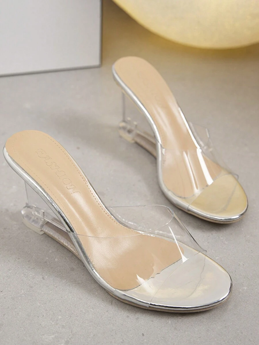 Jelly Transparent High Heeled Sandals For Women, Peep Toe Square Shaped, Crystal Decor Wedge Heels, Summer New Arrival