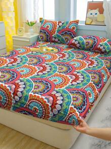 1pc Bohemian Pattern Printed Brushed Fitted Sheet, Bedroom Floral Bed Cover, Bedding
