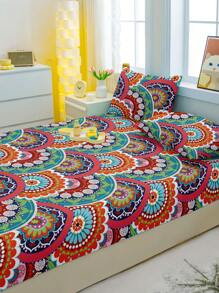 1pc Bohemian Pattern Printed Brushed Fitted Sheet, Bedroom Floral Bed Cover, Bedding