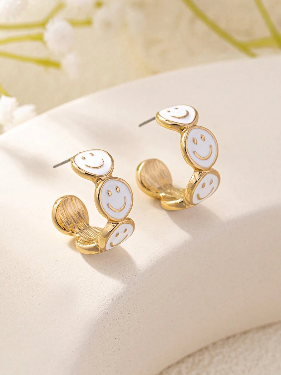 1對時尚簡約可愛微笑臉設計耳環,適合日常穿著和派對服飾,女士專用 - 彩色 - 查看 1