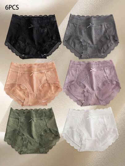 6pcs/Set Sexy Lace Bow Decor Comfortable Thong Panties