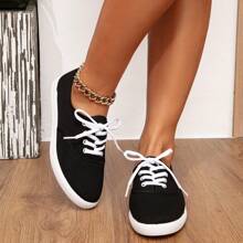 Women Canvas Flat Shoes, Round Toe Lace-Up Breathable Anti-Slip Shoes, Ladies Classic Canvas Low-Top Casual Shoes, Solid Color Shoes, Comfortable And Breathable Sneakers, Outdoor Shoes