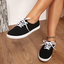 Women Canvas Flat Shoes, Round Toe Lace-Up Breathable Anti-Slip Shoes, Ladies Classic Canvas Low-Top Casual Shoes, Solid Color Shoes, Comfortable And Breathable Sneakers, Outdoor Shoes