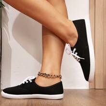 Women Canvas Flat Shoes, Round Toe Lace-Up Breathable Anti-Slip Shoes, Ladies Classic Canvas Low-Top Casual Shoes, Solid Color Shoes, Comfortable And Breathable Sneakers, Outdoor Shoes