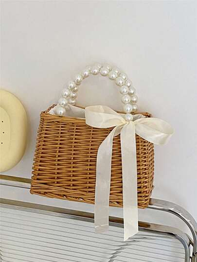 1pc New Style Handmade Woven Tote Bag With Faux Pearl Handles