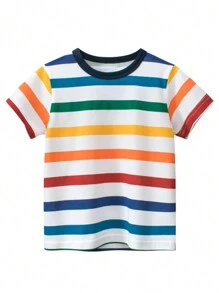 Nueva camiseta de manga corta y cuello redondo con rayas de colores para niños jóvenes en verano