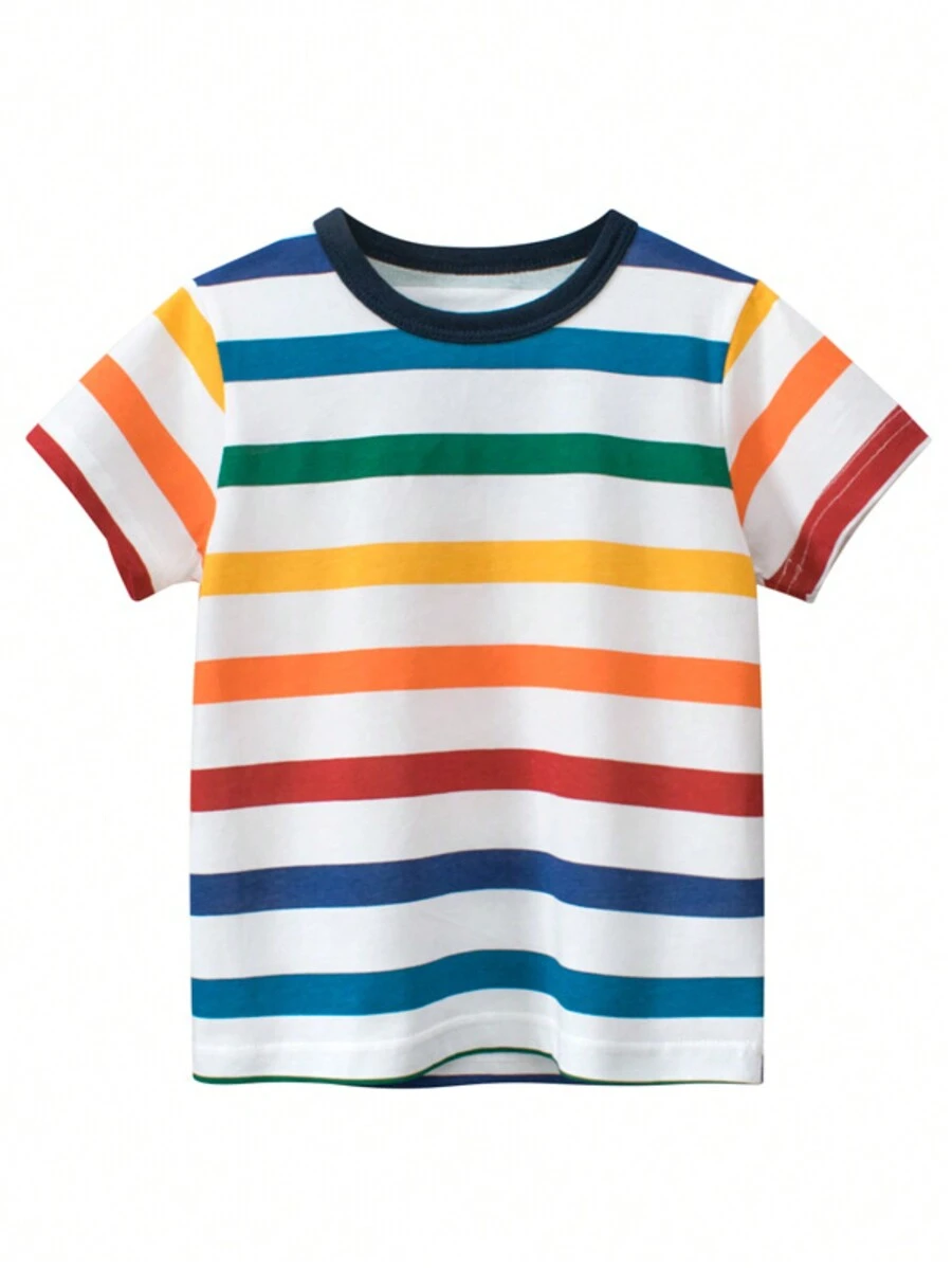 Nueva camiseta de manga corta y cuello redondo con rayas de colores para niños jóvenes en verano