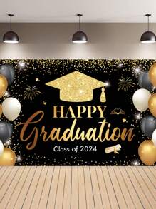 2024 Black & Gold Graduation Party Backdrop - Multicolor - View 1