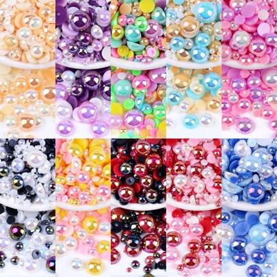 10g/Pack Random Mixed Size AB Flat Back Half Round Plastic Beads, For DIY Jewelry, Clothing, Manicure, Phone Case Decoration, Crafting Supplies