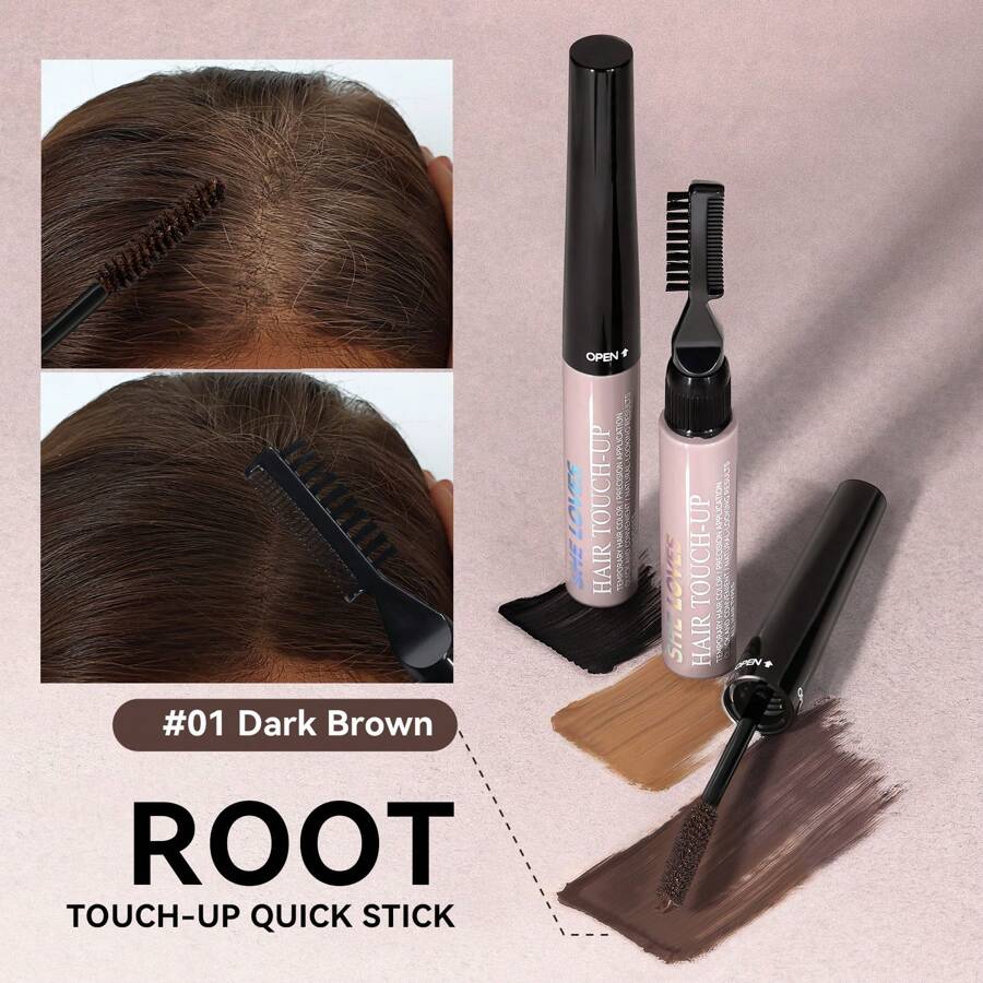SHE LOVES Pluma Temporal De Tinte De Cabello, Lápiz De Tinte De Cabello Para Cubrir El Cabello Blanco Y Gris, Palo Duradero Del Tinte De Cabello, Corrector De Raíces Del Cabello Para Camuflar Al Instante El Cabello Gris #01 Marrón Oscuro