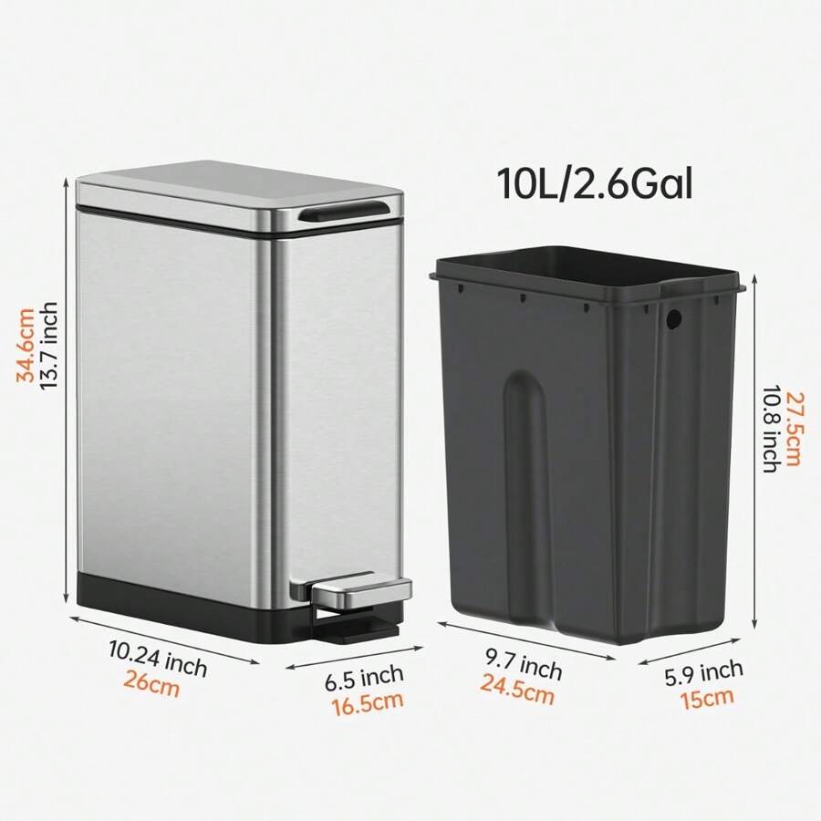 10 Liter Trash Can,Step Trash Can 2.6 Gallon Slim Design StepOn Trash Can With Strong Pedal