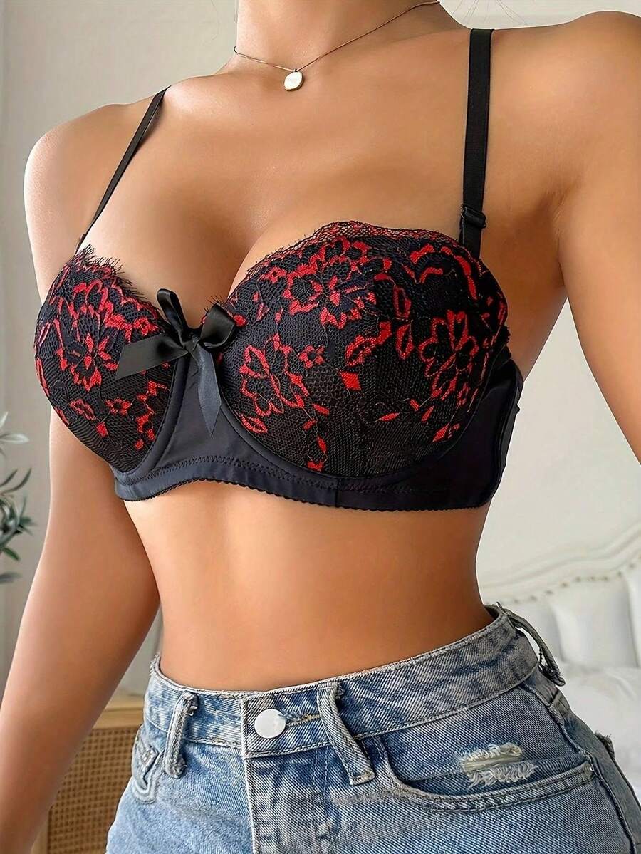 Áo ngực có gọng ren thêu gợi cảm, áo lót nâng ngực, chi tiết nơ - màu đen - Xem 1