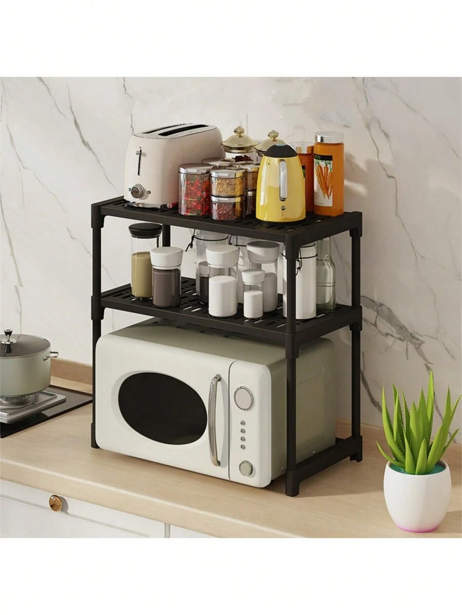 1pc Kitchen Oven Microwave Shelf With Two Layers And A Single Layer, Countertop Storage Rack, Desktop Organizer, Home Supplies.Double-Tier/1-Tier Black Large Capacity Kitchen Storage Rack For Microwave, Oven, Rice Cooker And Other Appliances.Microwave Oven Rack Kitchen Countertop Storage Shelf With Two/Single Layer Optional, Home Organization Tool. - Black - View 1