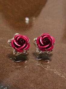 1 Par De Aretes Versátiles Con Forma De Estrella De Cinco Puntas Y Rosa Con Decoración Fresca Y Sencilla De Diamantes De Imitación - Rojo violeta - Ver 10