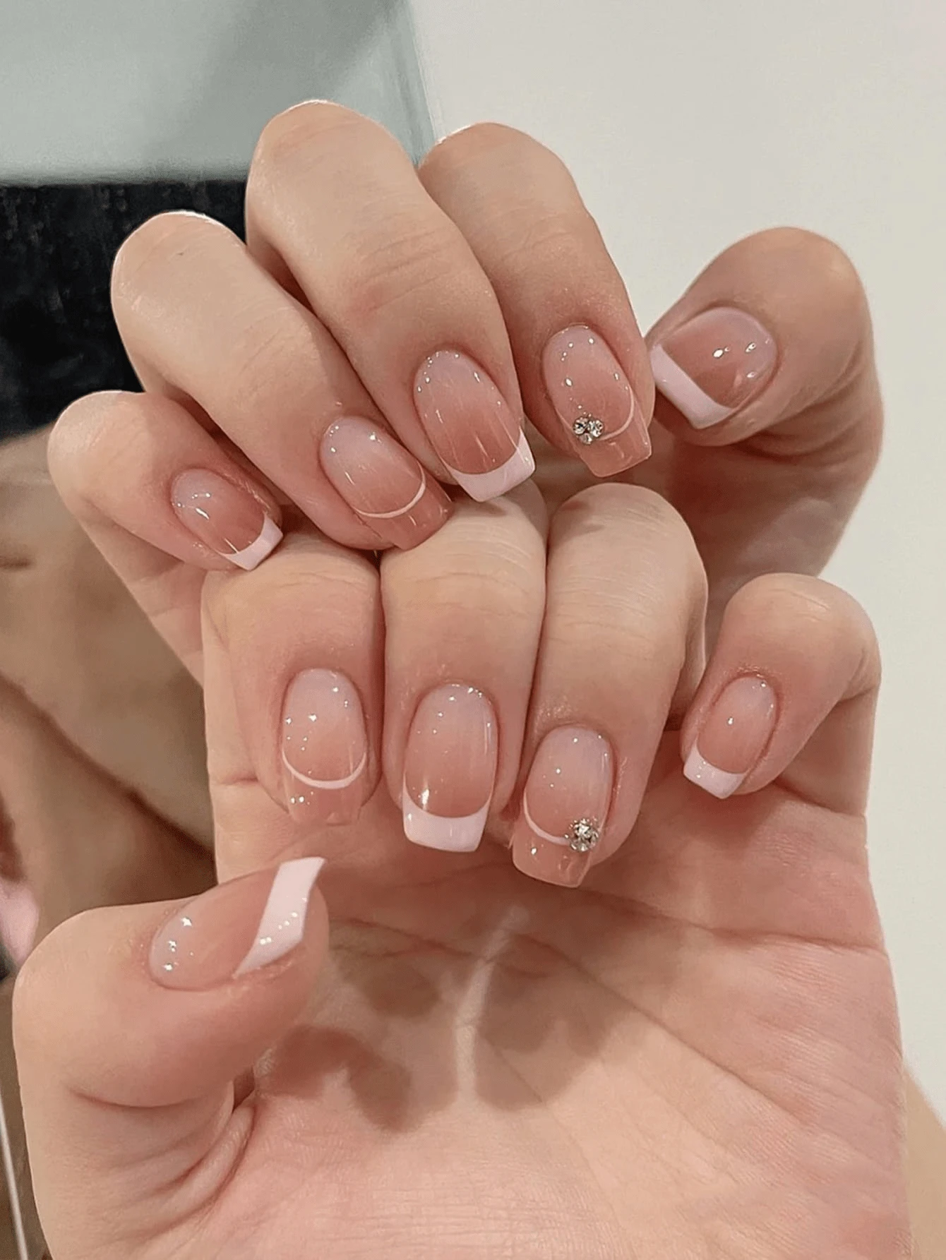 24pcs White French False Nails, Rectangular Pink Ombre White Line Design With Rhinestone Decor, Nail Art Supplies Suitable For Women And Girls - Multicolor - View 1