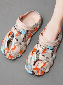 Men's Personalized Comfortable Simple Printed Breathable Thick-Soled Hollow Out Beach Slippers - Khaki - View 4