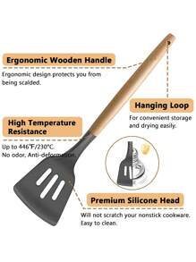 鄉村廚房矽膠烹飪器具，廚房器具，易於清潔的木製廚房器具，不粘鍋烹飪器具，廚房小工具和鍋鏟工具
