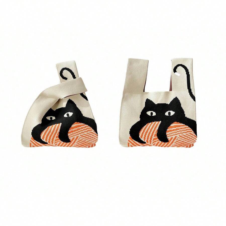 New Arrival Cute Cat Knitted Shoulder Bag Handbag, Versatile Large Capacity Tote Bag - Beige - View 1