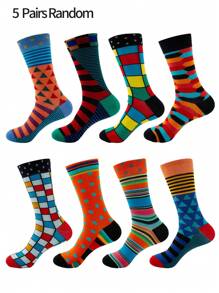 5 Pairs/Set Men's Plus Size Mid-Calf Socks, Geometric Pattern Business Casual Socks, Soft & Comfortable, Suitable For Business, Party, Sports, Holidays, Daily Life. Color Sent At Random, Fall
