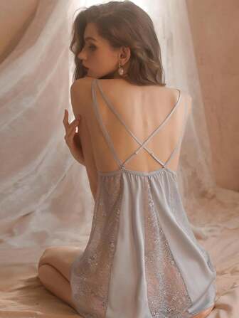 Women's Sexy Lace Trimmed Satin Camisole Sleep Dress With Split Design