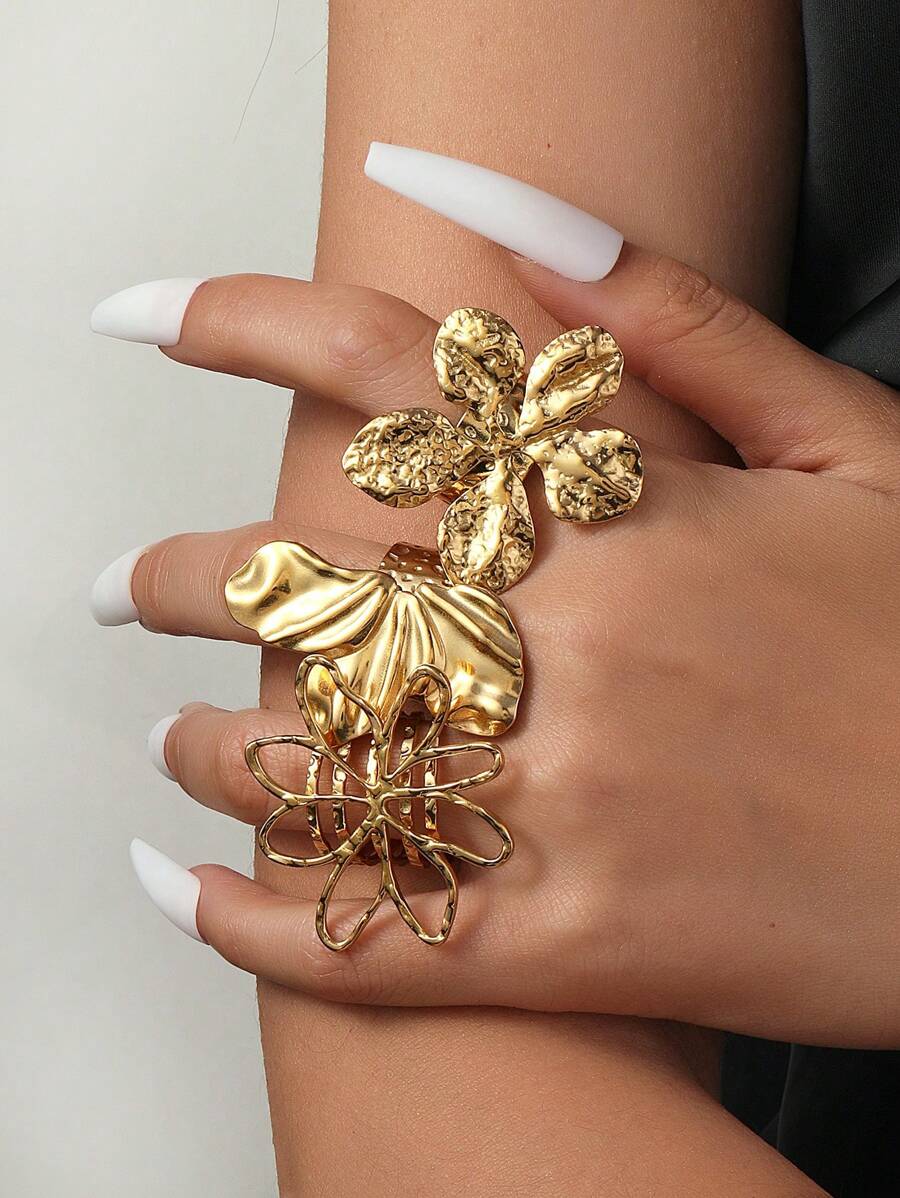 3pcs/Set Retro Light Luxury Floral Design Uncommon Ring, Suitable For Women's Style - 3 Piece Floral Ring Set - View 1