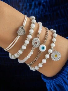 imoli 5pcs/Set Fashionable Oil Drip Devil's Eye Rhinestone Bracelet Set For Women, Party Gift (Chain Length Cut To Size, Slight Variation In Eye Bead Count And Oil Painting Color) - 25977-a - View 15