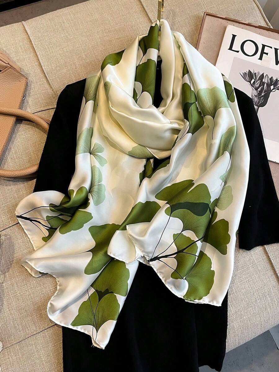 1pc Ladies' Simulated Silk Gingko Leaf Printed Long Scarf With Flowers, Spring And Autumn Style, Perfect For Daily Decoration And Travel Matching Bandana,Hair Band,Head Band Ideal For Dressing Up Your Look Winter Fall