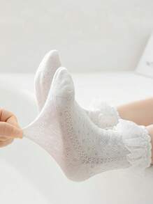 3 Paare Kniehohe Socken Für Süße Mädchen Mit Spitze, Tasseln Und Schleifen, Weiche, Atmungsaktive Mesh-stoff, Reinweiß