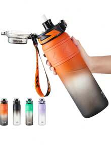 大容量便攜運動水瓶,男女學生適用,配有吸管,1000毫升/1升塑料水瓶,適用於戶外遠足,攀岩,旅行,學校使用。附帶攜帶帶 - 橘子黑色 - 查看 3