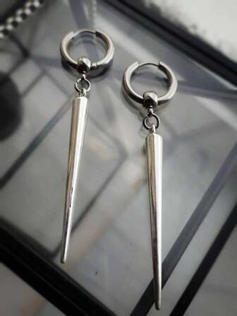1 Pair Gothic Punk Rock Hip-Hop Style Silver Long Spike Huggie Hoop Earrings For Men And Women Daily Wear