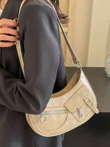 Modische Und Vielseitige Damen-pu-schultertasche Mit Reißverschluss, Einfarbig, Kann Als Handtasche, Schultertasche Oder Satteltasche Verwendet Werden - Beige - Übersicht 5