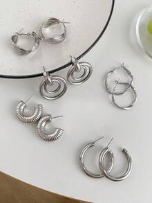 5 cặp/bộ Tinh tế Mạ điện Màu bạc Hoa tai hình học Với Hình-chữ C Đai sắt , Xoắn ốc & Thiết kế sóng Tai Phụ kiện Bộ - Nhiều màu - Xem 7