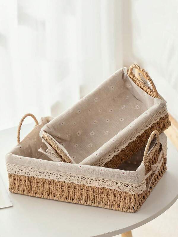 2pcs/Set Rattan Woven Desktop Storage Basket, Household Coffee Table Paper Rope Storage Box For Cosmetics, Remote Control, And Other Sundries Organization