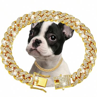 Diamond Studded Dog Collar Chain Leash, Metal Chain Collar With Design Lock Clasp, Pet Metal Collar Jewelry Accessory