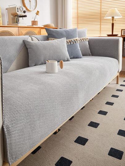 1pc Solid Color Chenille Sofa Cushion Cover, Simple & Minimalist Style With Star Floral Pattern, Anti-Skid Anti-Cat Claw Sofa Protector, Home Decor All Season, Fits 1/2/3/4 Seat Sofa