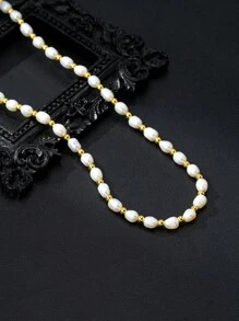 1 chiếc vòng cổ hạt ngọc trai nước ngọt tự nhiên bất đối xứng - Cổ điển, đơn giản, sang trọng, phong cách đại dương, cảm giác cao cấp - Phong cách hạt vàng - Xem 1
