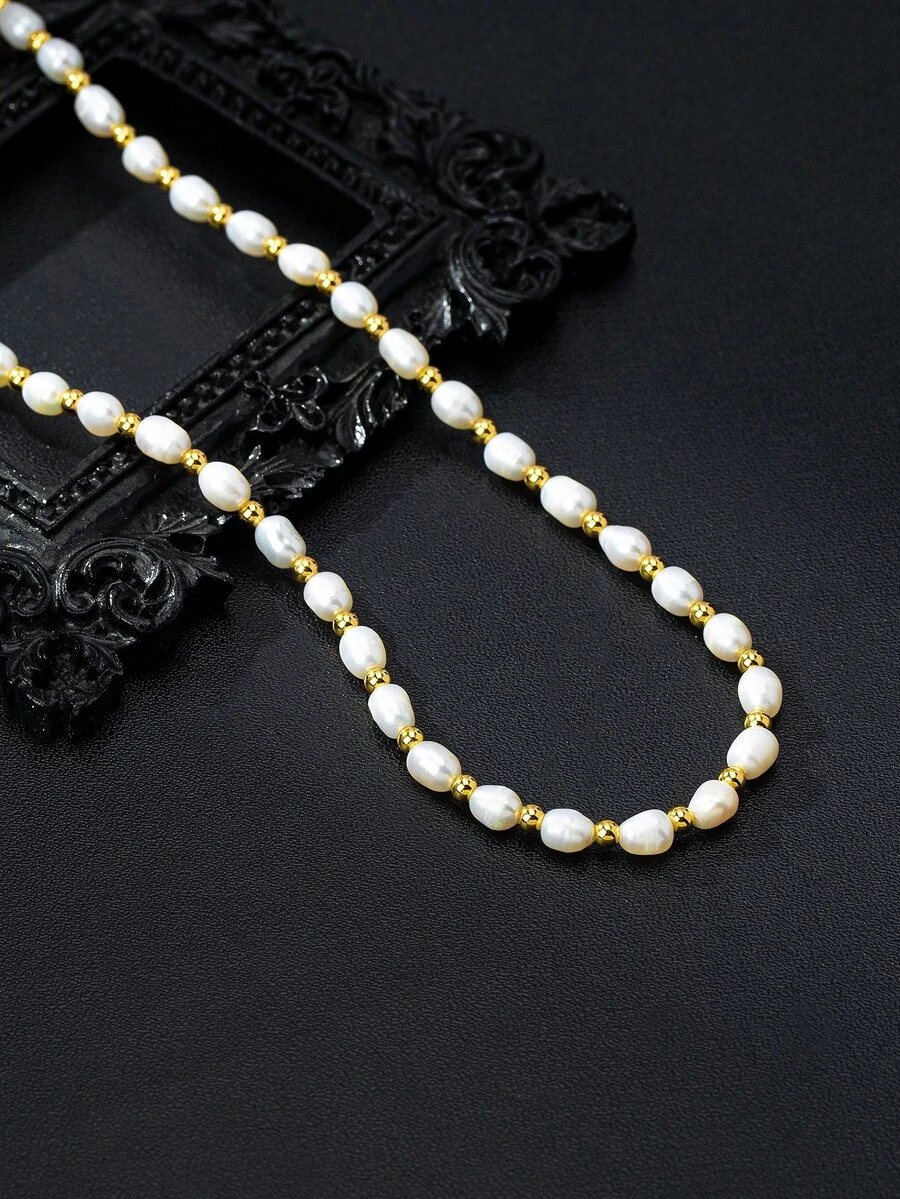1 chiếc vòng cổ hạt ngọc trai nước ngọt tự nhiên bất đối xứng - Cổ điển, đơn giản, sang trọng, phong cách đại dương, cảm giác cao cấp - Phong cách hạt vàng - Xem 1