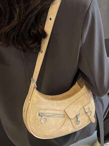 Modische Und Vielseitige Damen-pu-schultertasche Mit Reißverschluss, Einfarbig, Kann Als Handtasche, Schultertasche Oder Satteltasche Verwendet Werden - Beige - Übersicht 4