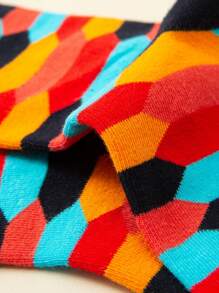 5 Pairs/Set Men's Plus Size Mid-Calf Socks, Geometric Pattern Business Casual Socks, Soft & Comfortable, Suitable For Business, Party, Sports, Holidays, Daily Life. Color Sent At Random, Fall