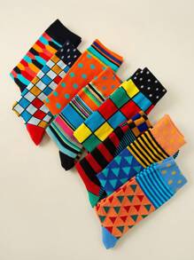 5 Pairs/Set Men's Plus Size Mid-Calf Socks, Geometric Pattern Business Casual Socks, Soft & Comfortable, Suitable For Business, Party, Sports, Holidays, Daily Life. Color Sent At Random, Fall